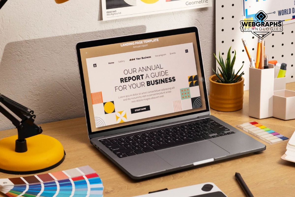 Laptop showing a colourful landing page design