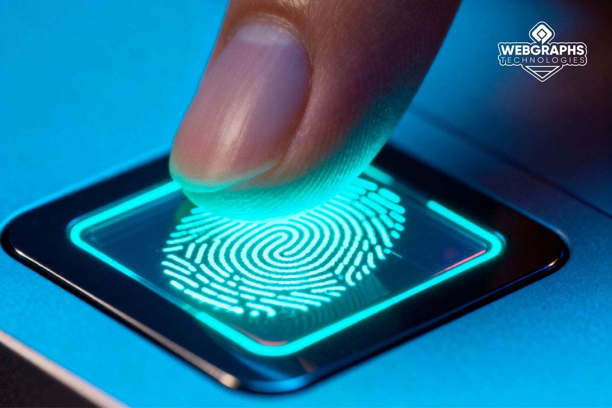 A finger pressed on a glowing fingerprint scanner